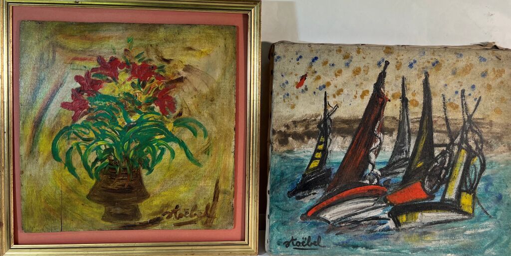 Null Edgar Stoebel ( 1909 - 2001). Lot of 3: Bouquet de fleurs. Oil on panel. 30&hellip;
