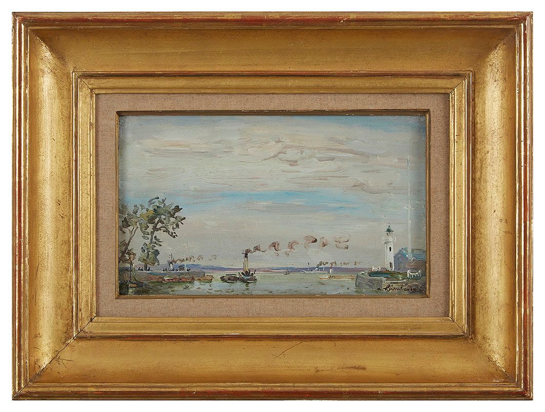 Null André HAMBOURG (1909-1999) Honfleur, 1949 布面油画 右下角有签名，背面有会签、日期和位置 16 x 27 c&hellip;