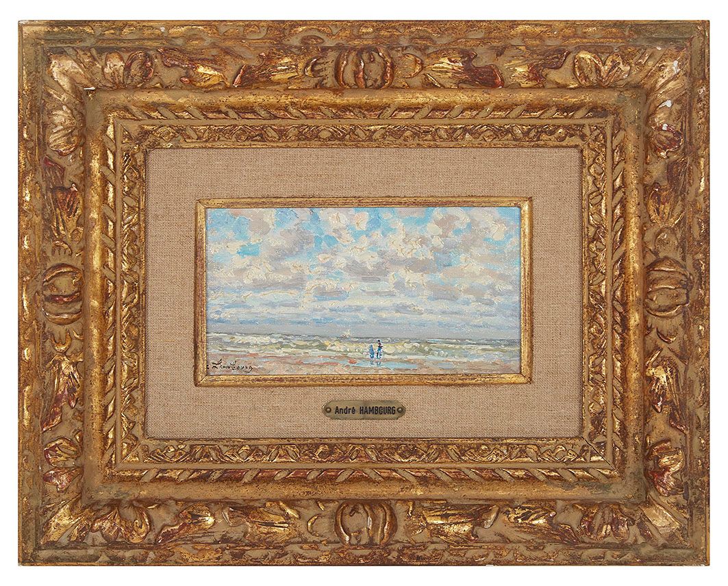 Null André HAMBOURG (1909-1999) 九月涨潮，多维尔 布面油画，左下角有签名，背面有图案和标题 10 x 18 cm