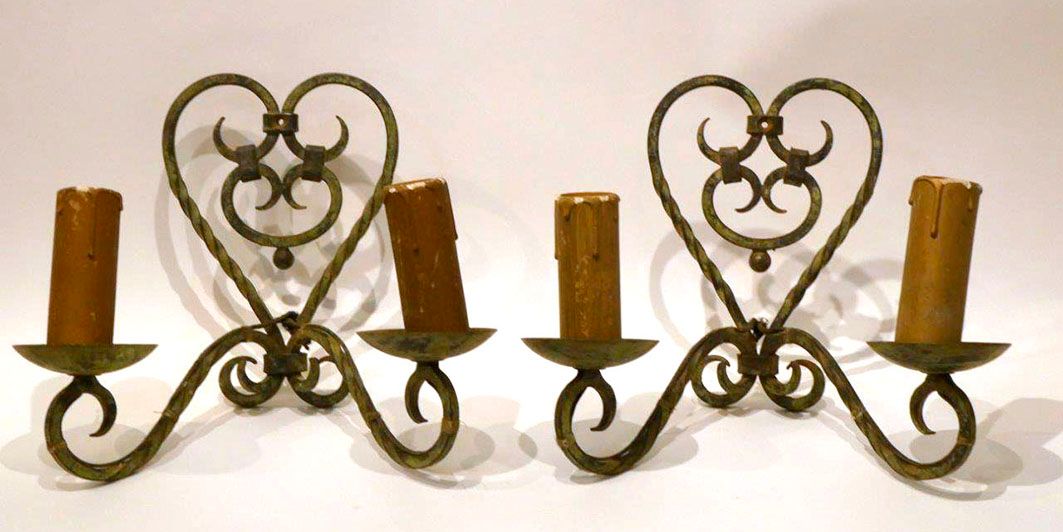 Null Pair of sconces with two arms of light in wrought iron and turned with gree&hellip;