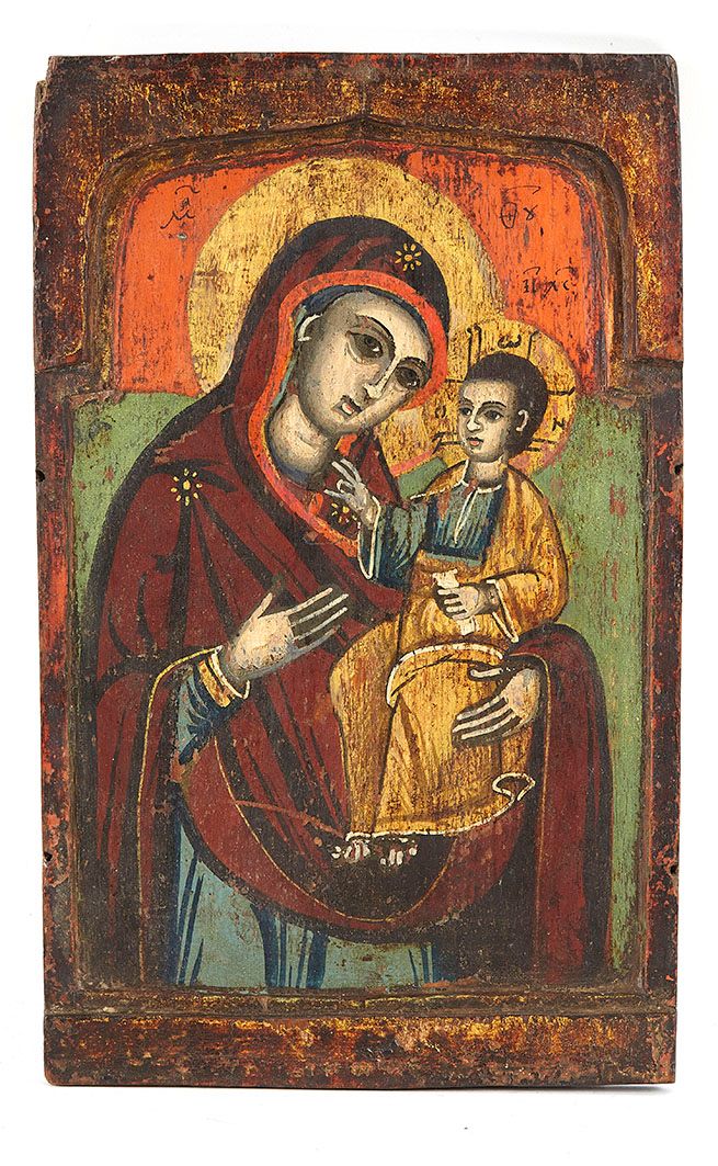 Null Icône Grecque Début XXème Vierge et enfant Huile sur panneau 30,5 x 19 cm