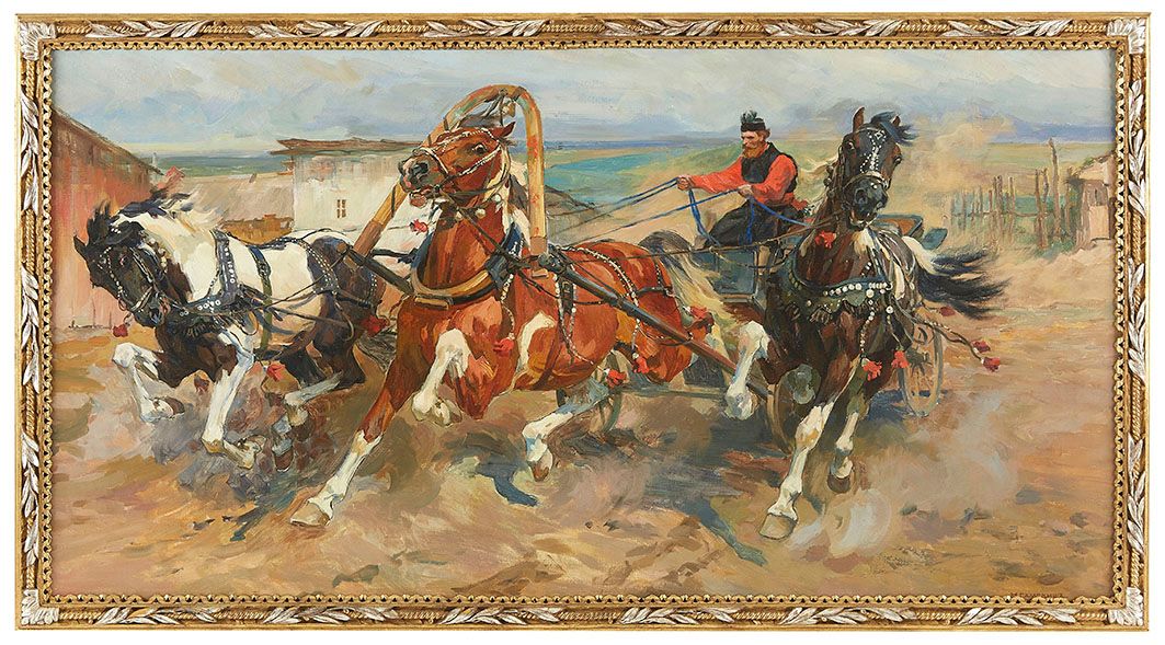 Null Nikolai Semenovich SAMOKISH (1860-1944) 三驾马车 布面油画 右下角签名 70 x 130 cm 将向买方提供真&hellip;