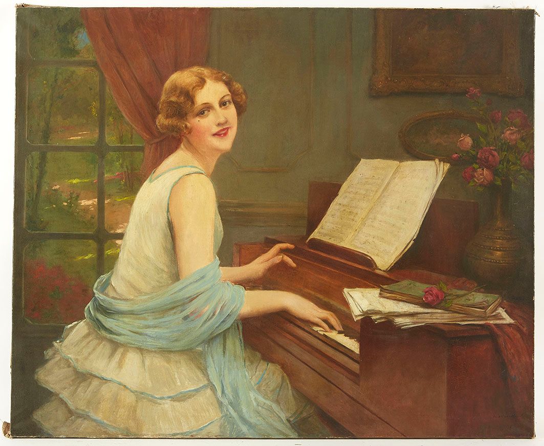 Null François MARTIN-KAVEL (1861-1931) 钢琴旁的女人，1928 布面油画，右下方有签名和日期 86 x 105 cm