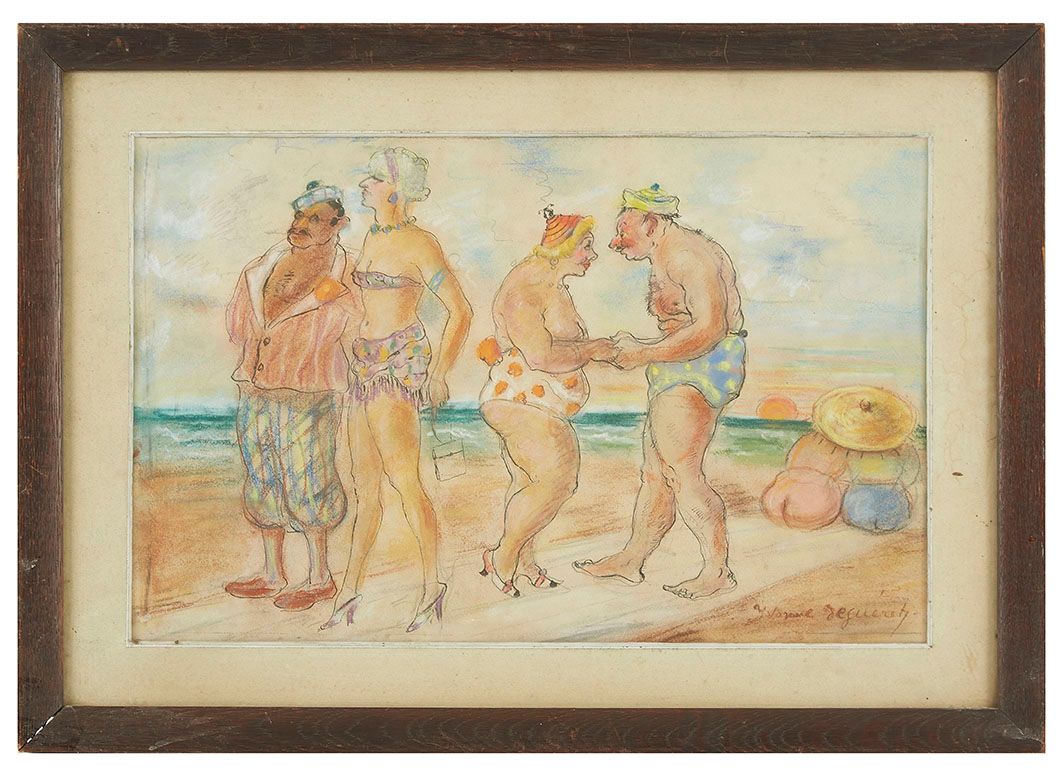 Null Yvonne DEGUÉRET (XIX-XX) Beach scene Pencil, ink and watercolor on paper si&hellip;