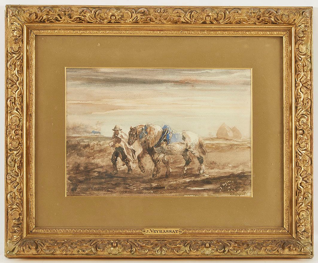 Null Jules Jacques VEYRASSAT (1828-1893) 拖车道上的马匹 纸上水彩画，右下角签名 24 x 34.5 cm