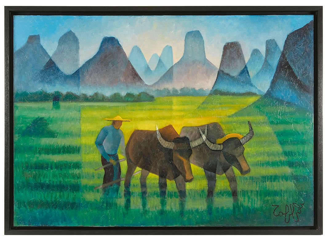 Null Louis TOFFOLI (1907-1999) Búfalo en el campo de arroz, 1976 Óleo sobre lien&hellip;