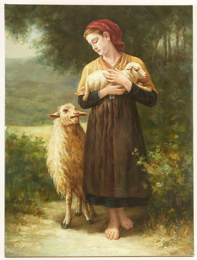 Null TROPEA (第二十次) 年轻的牧羊女和她的羊 布面油画，右下角有签名 (画布边缘右侧中间有1厘米的小缺料) 101 x 76 cm