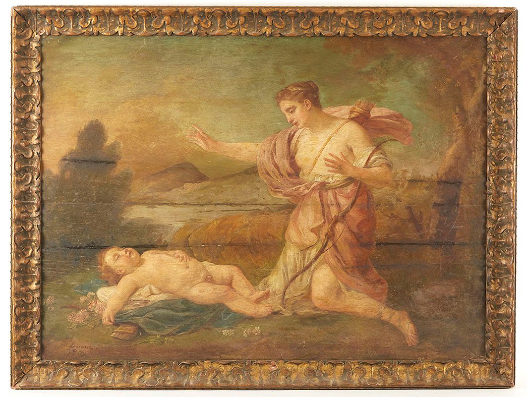 Null Jean-Jacques LAGRENÉE (1739-1821)(归属)Diane découvrant l'Amour, 1774 板上油画，左下&hellip;