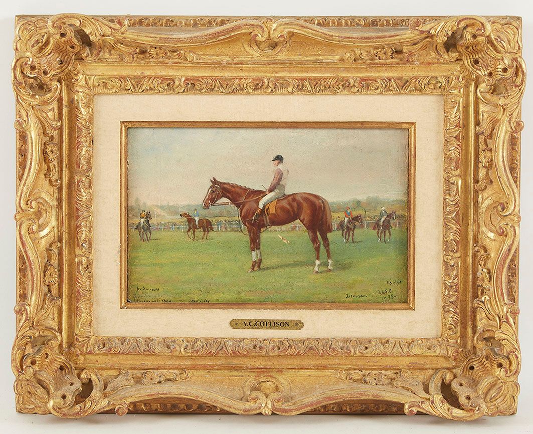 Null V.J. COTLISON (act.C.1890) 马的肖像 鼓的敲击 木板上的油彩，右下角有签名和日期 13 x 21 cm 非常轻微的缺料现象