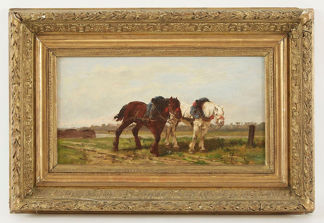 Null QUINTON (XIX-XXth) Draft horses 布面油画，右下方签名 22 x 41 cm