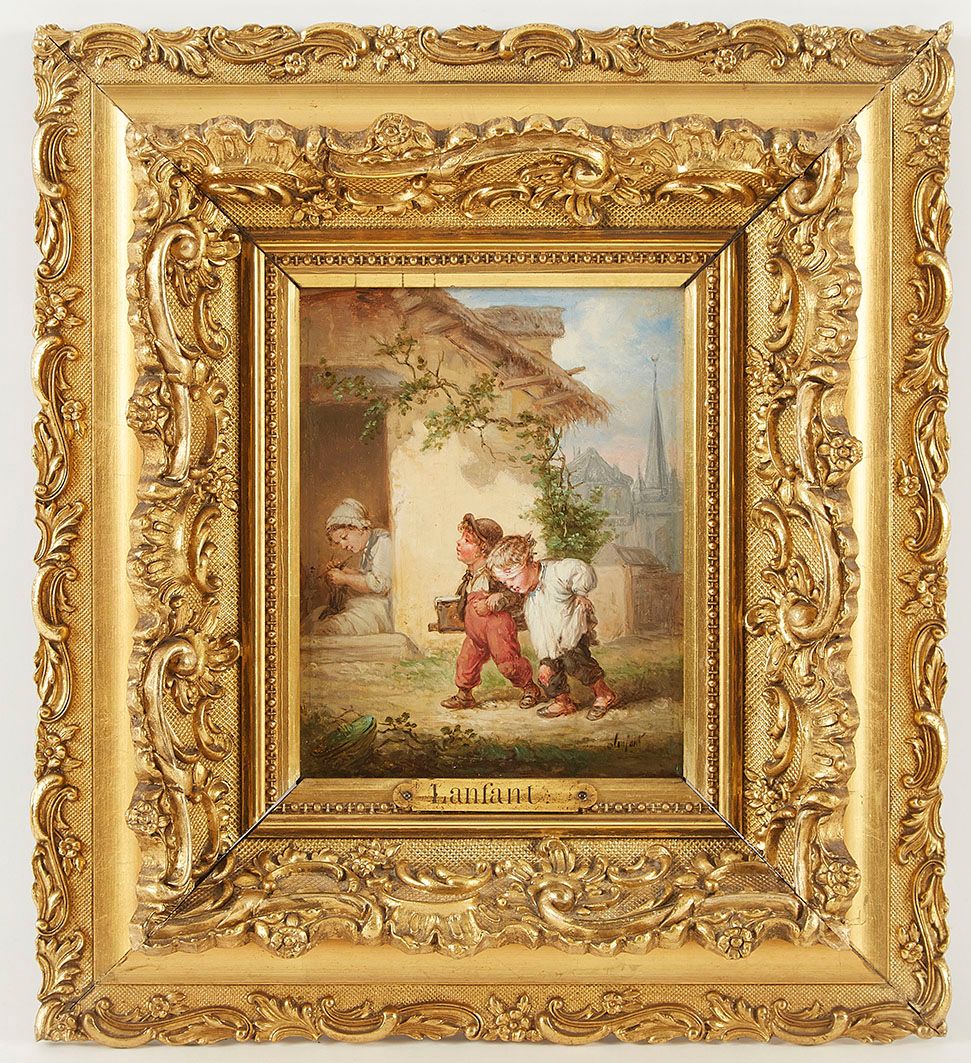 Null François Louis LANFANT DE METZ (1814-1892) 放学回家的孩子 板面油画 右下角签名 17.5 x 13.5 c&hellip;