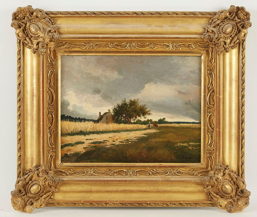 Null Paul LECOMTE (1842-1920) Animated field 板上油画 右下角签名 27 x 35 cm