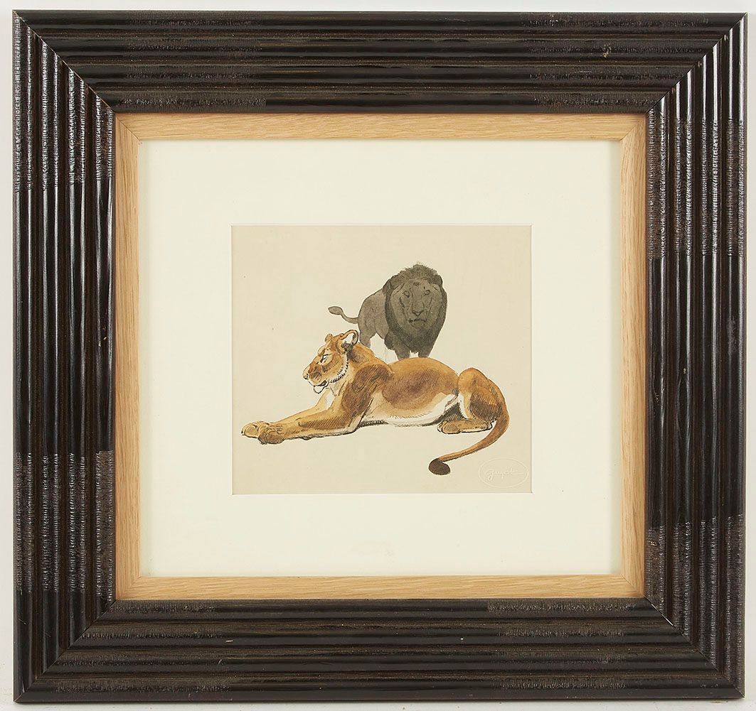 Null Georges Lucien GUYOT (1885-1973) 狮子和母狮 水彩和墨水，有艺术家的干印签名 17 x 19 cm 这幅水彩画的真实性&hellip;