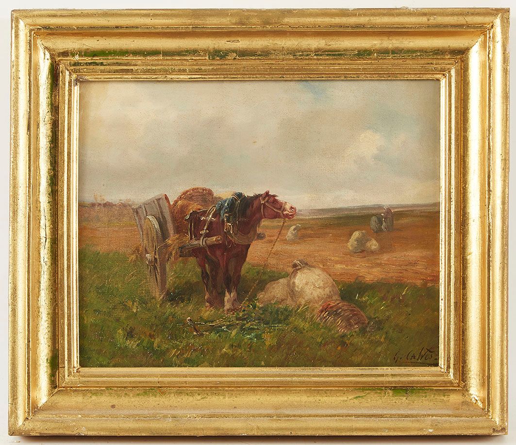 Null Léon Georges CALVES (1848-1923) 田野作业 布面油画，右下角签名 33 x 41 cm
