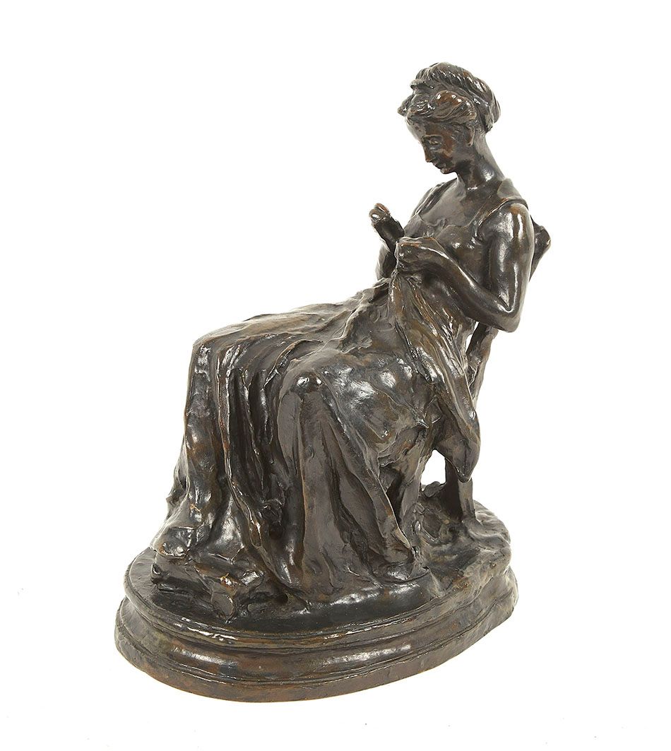 Null Aimé-Jules DALOU (1838-1902) la Brodeuse Bronze à patine brune signé à la b&hellip;