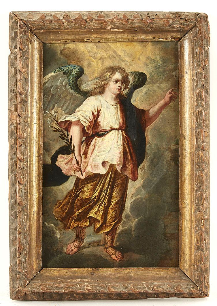 Null 19世纪佛兰德学校 天使加布里埃尔 铜板油画 48 x 29 cm