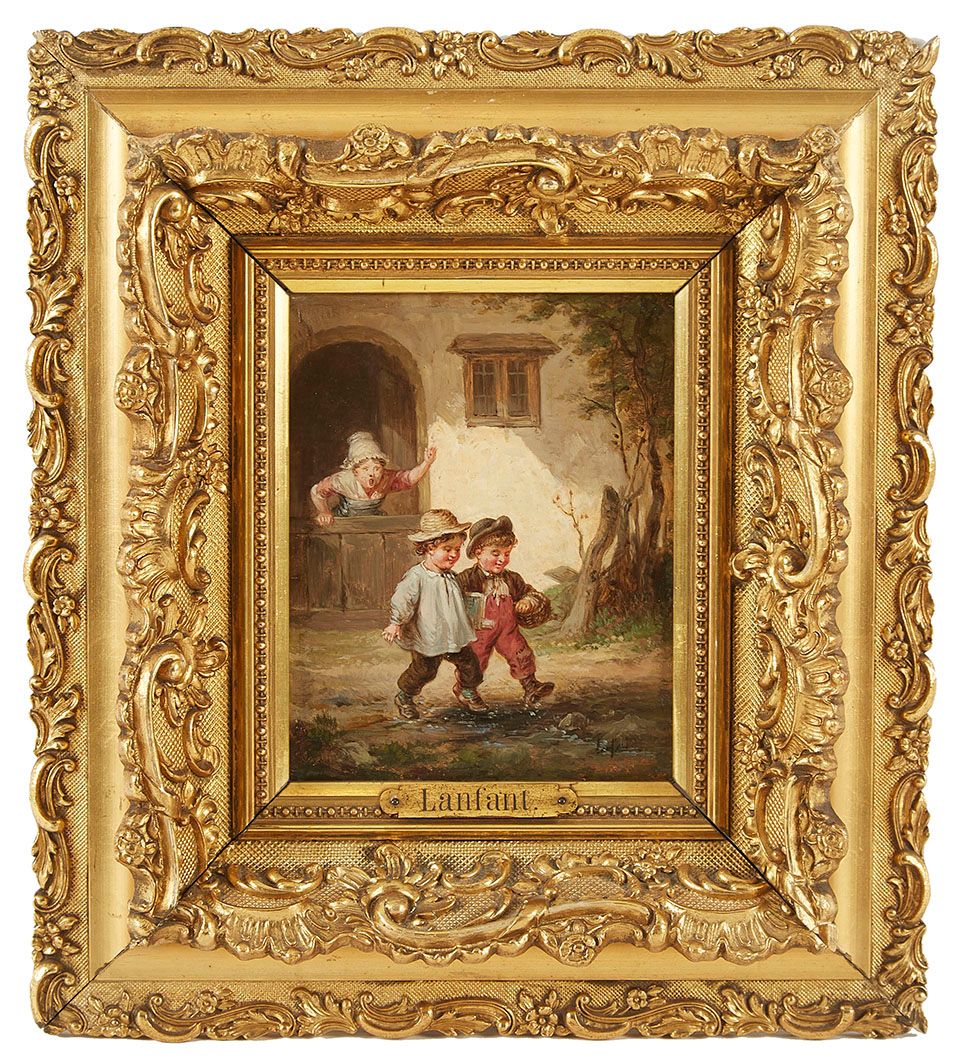 Null François Louis LANFANT DE METZ (1814-1892) 上学的孩子 画板油画 右下角签名 17.5 x 13.5 cm