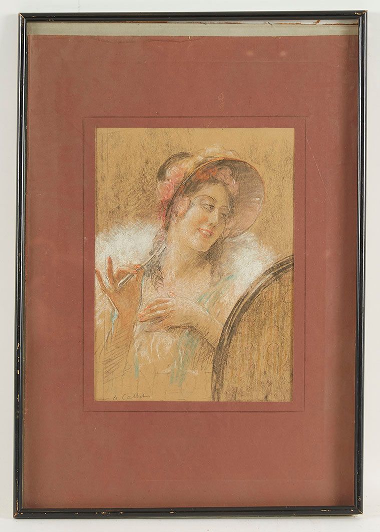 Null Antoine CALBET (1860-1944) 带帽子的优雅女人 纸上铅笔和粉彩画，左下角有签名 29 x 21 cm
