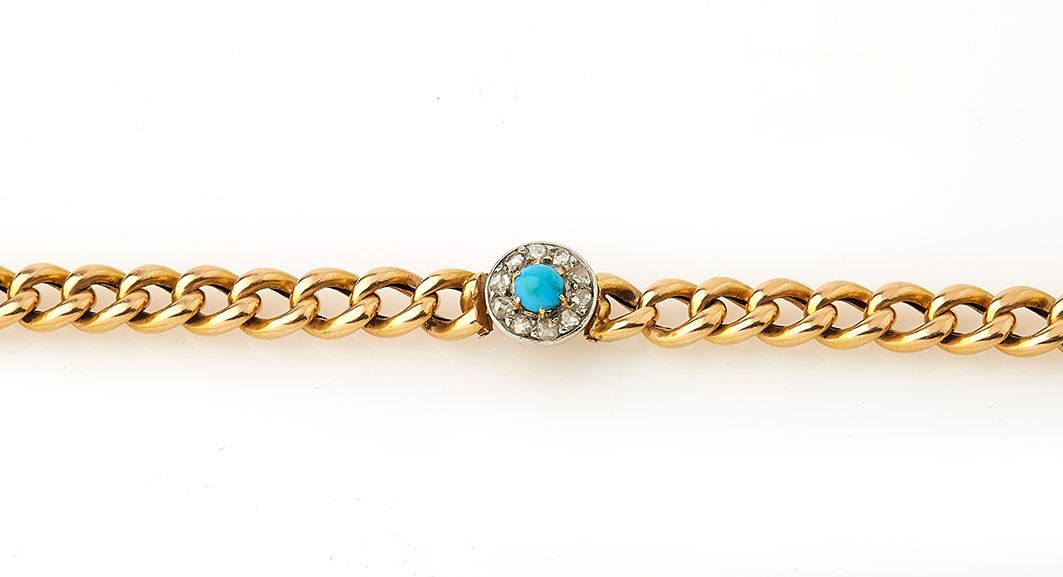 Null 18K(750/°)黄金美食手链，以镶嵌着玫瑰的白金圆环为中心，并以一颗绿松石珍珠为辅。长度：21厘米 毛重：11.9克