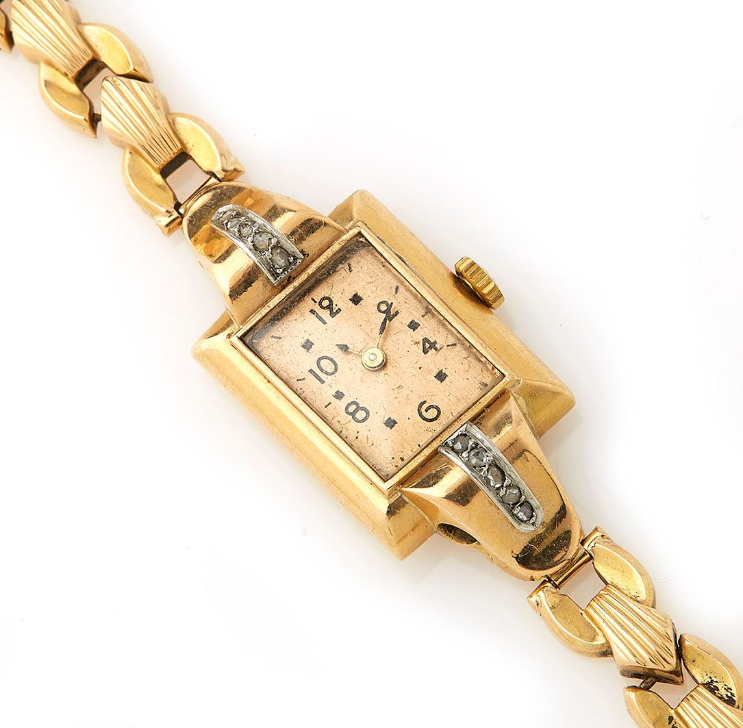 Null Lady's wristwatch in 18K (750/°°) yellow gold, rectangular case enhanced wi&hellip;