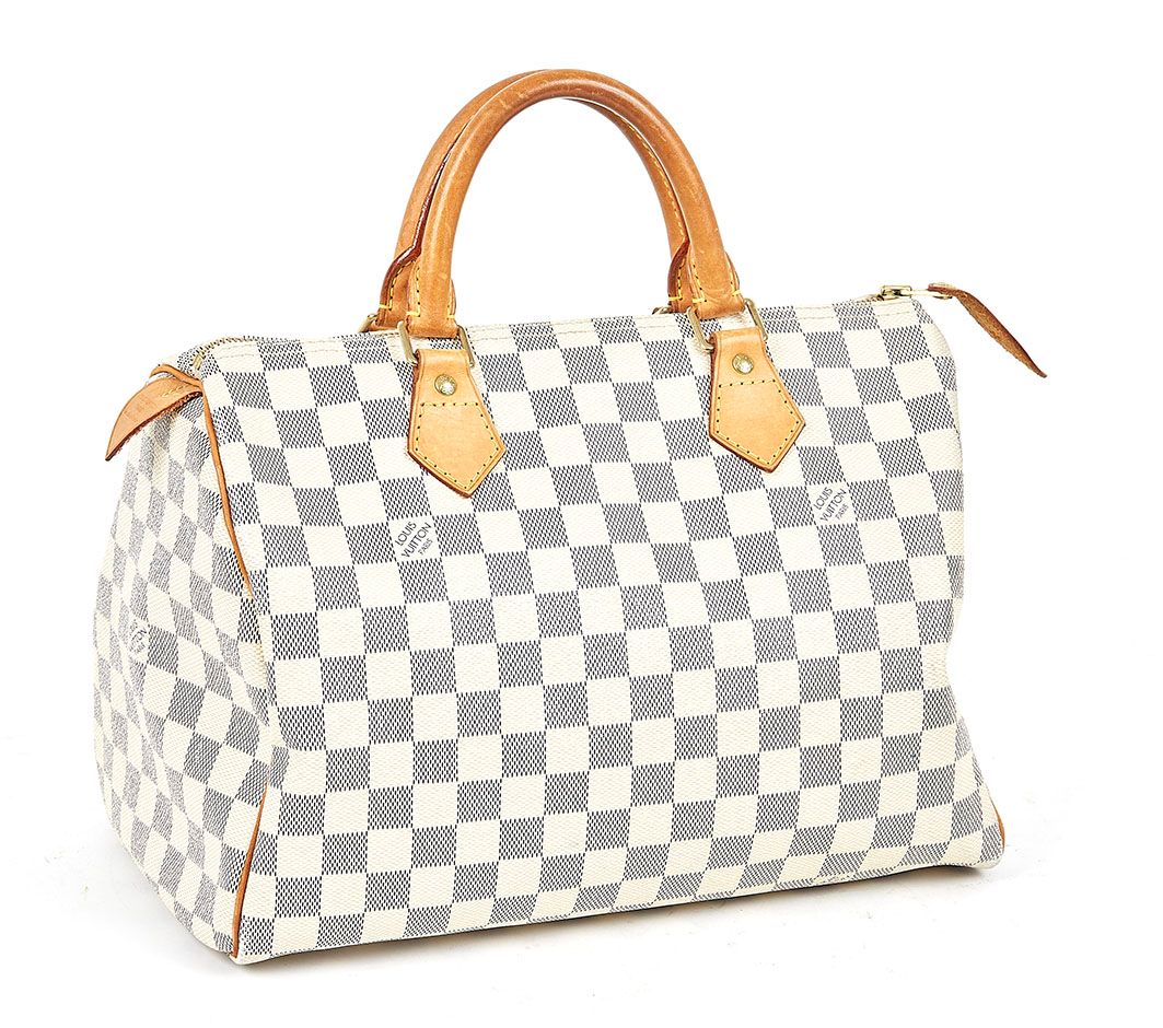Null VUITTON, Speedy 30 bag in azure checkerboard canvas and natural leather.