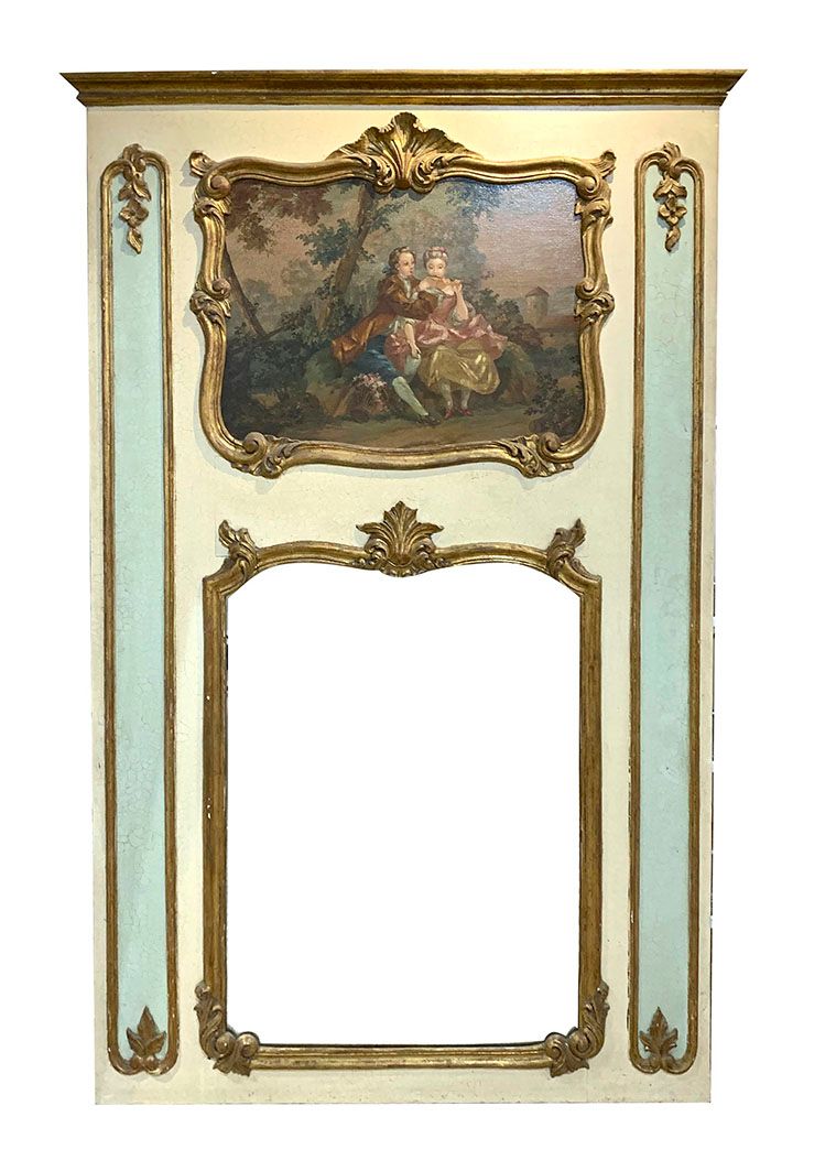 Null Trumeau de glace de style Louis XV en bois naturel rechampi beige craquelé &hellip;