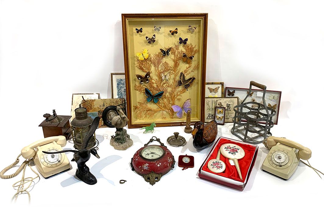 Null Lot including a set of framed pieces, two telephones, volatile sculpture, c&hellip;