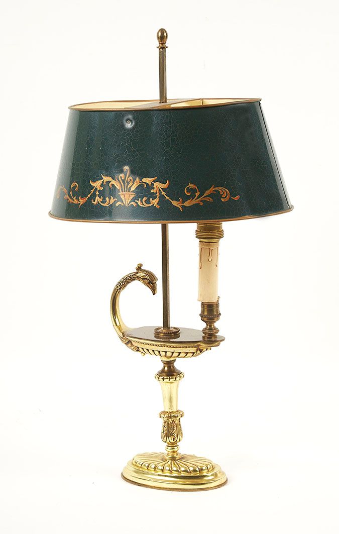 Null Lampe bouillote en bronze doré et tôle verte craquelée figurant une lampe à&hellip;