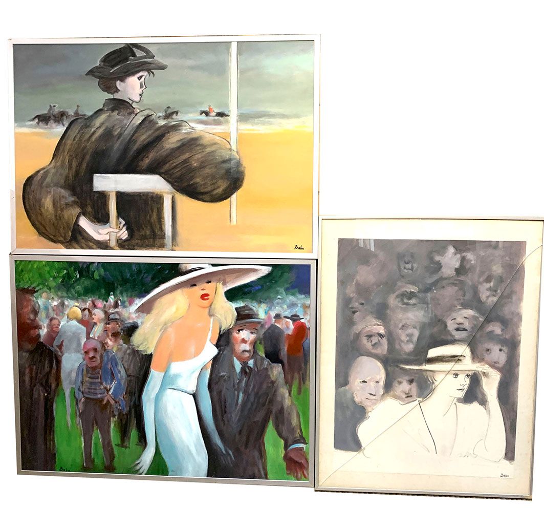 Null BABU (1931) Elégante and Aux courses 两幅签名油画。附有一张石版画（玻璃意外）40 x 60厘米