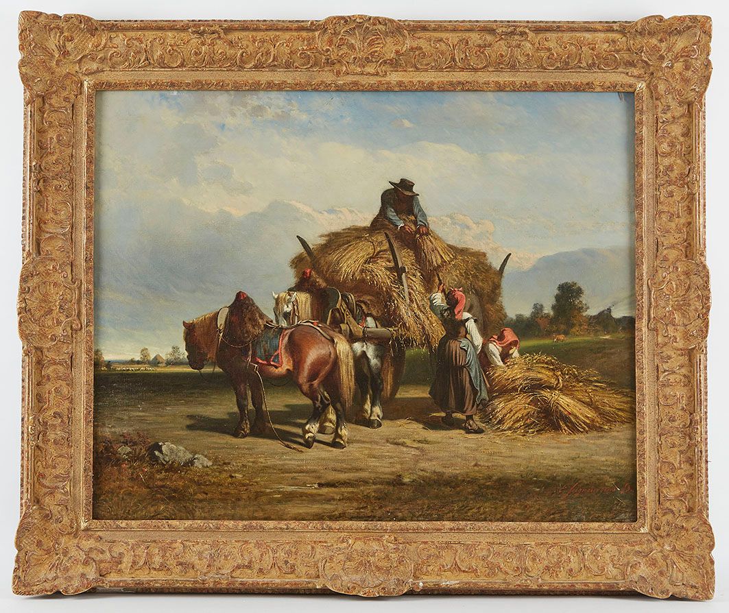 Null Ernest Louis A.SEIGNEURGENS (c.1820-1904) 收获场景，1853 布面油画，右下方有签名和日期 74 x 93 &hellip;