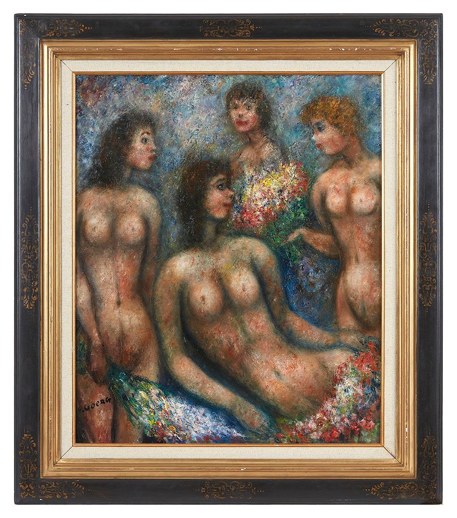 Null Edouard Joseph GOERG (1893-1969) Trois nus et des fleurs, 1958 Huile sur to&hellip;