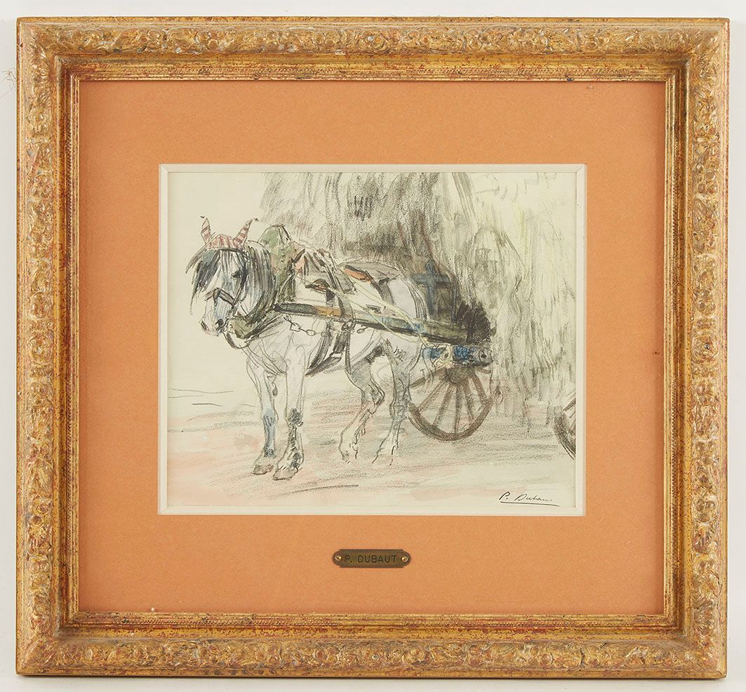 Null Pierre Olivier DUBAUT (1886-1968) Cheval d attelage Crayon et aquarelle sur&hellip;