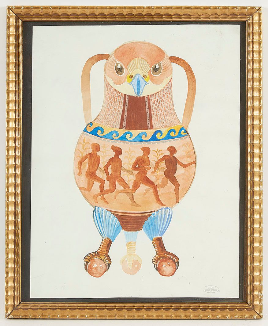 Null André DERAIN (1880-1954) Projet de vase à la chouette Gouache sur papier si&hellip;