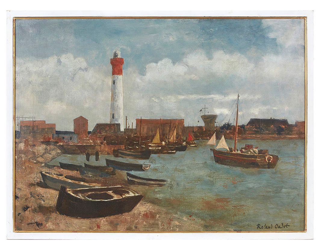 Null Roland OUDOT (1897-1981) Le phare d Ouistreham Huile sur toile signée en ba&hellip;