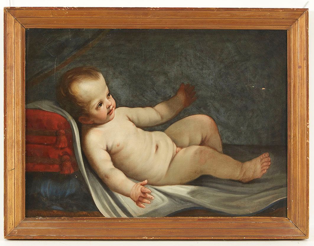 Null Escuela Francesa Siglo XIX Niño despertando Óleo sobre lienzo 48 x 64 cm