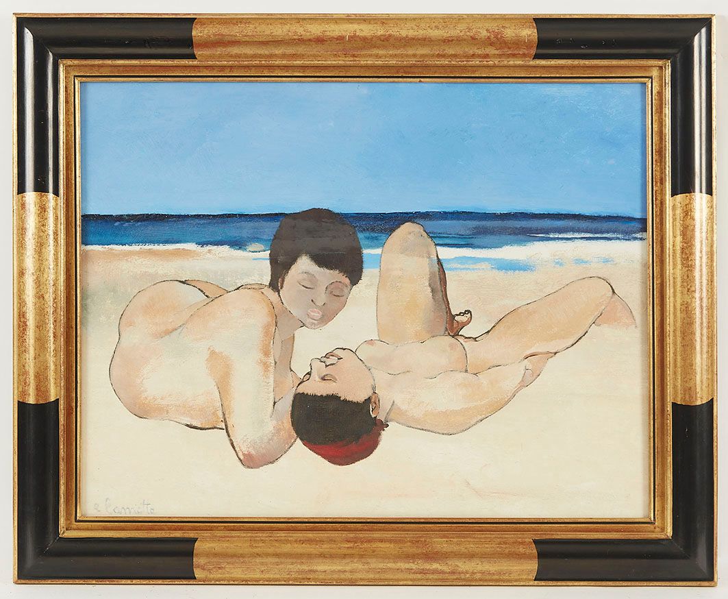 Null Emmanuel LAMOTTE (1916-1998) Le Bain de soleil 纸上油画，左下方签名 49 x 64 cm