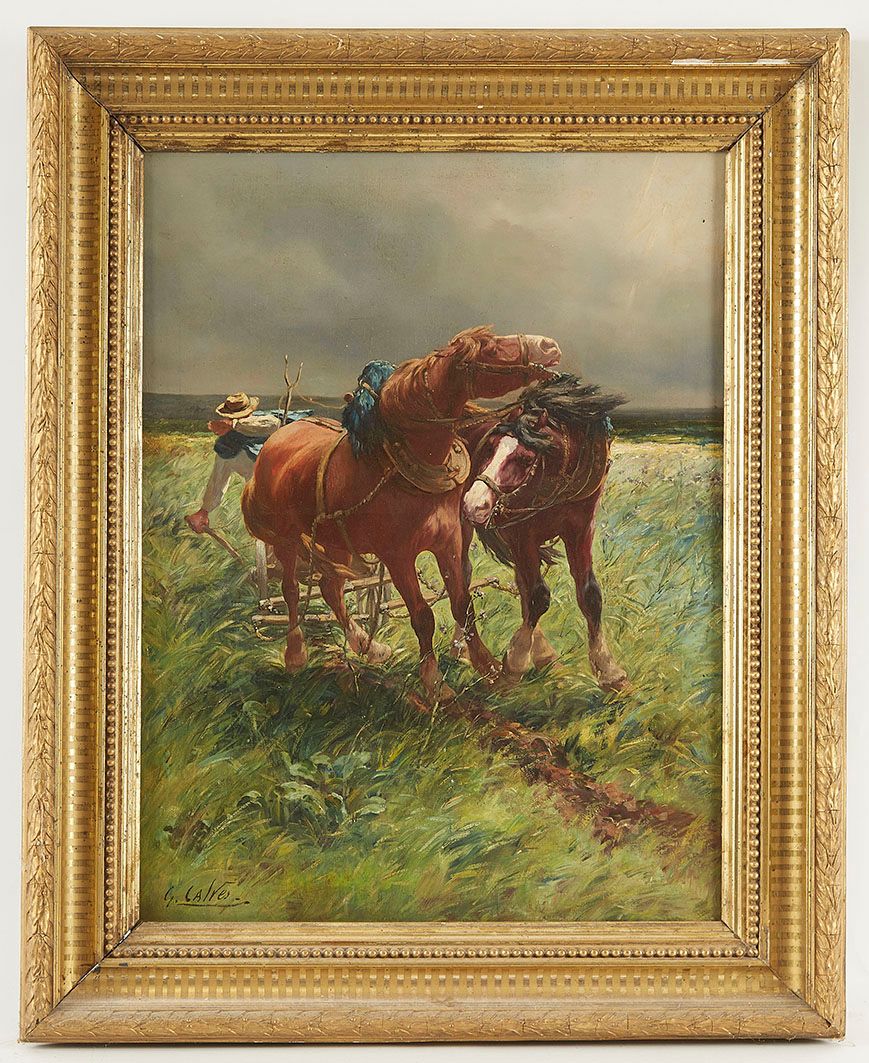 Null Léon Georges CALVES (1848-1923) 暴风雨中的田野工作 布面油画，左下角签名 65 x 49 cm