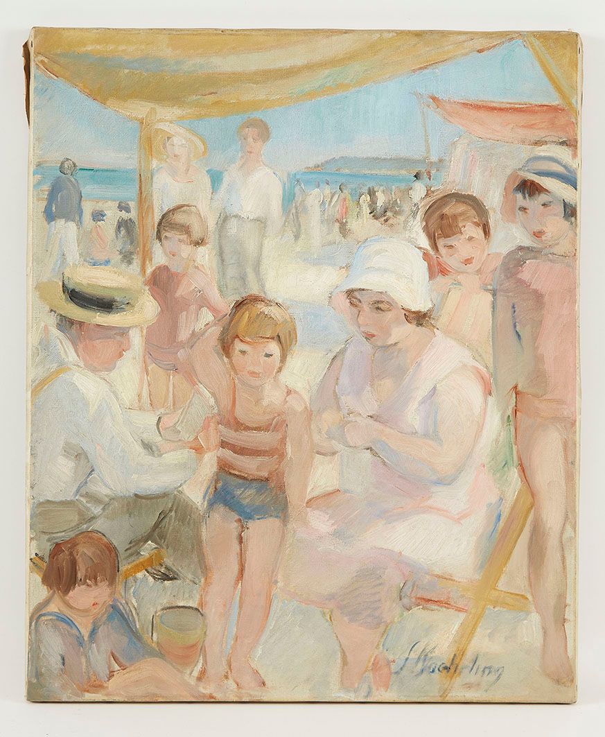 Null Suzanne Blanche KAEHRLING (1902-1985) Scène de plage Huile sur toile signée&hellip;