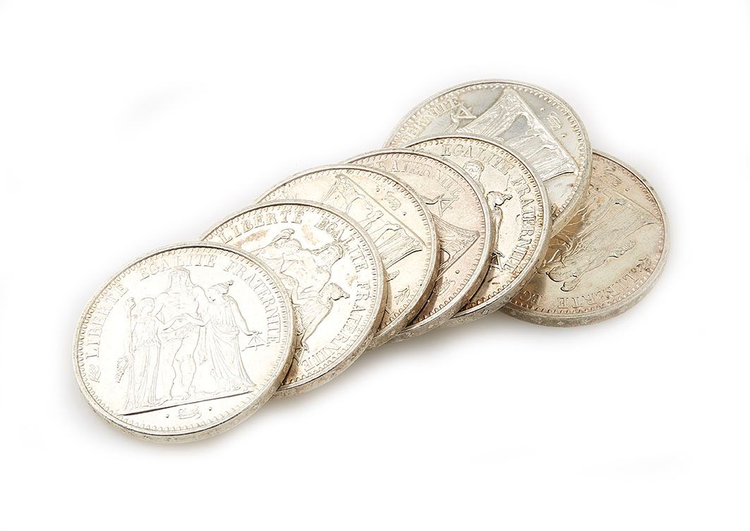 Null 7 Monete da 10 franchi d'argento. Peso lordo: 175,3 g
