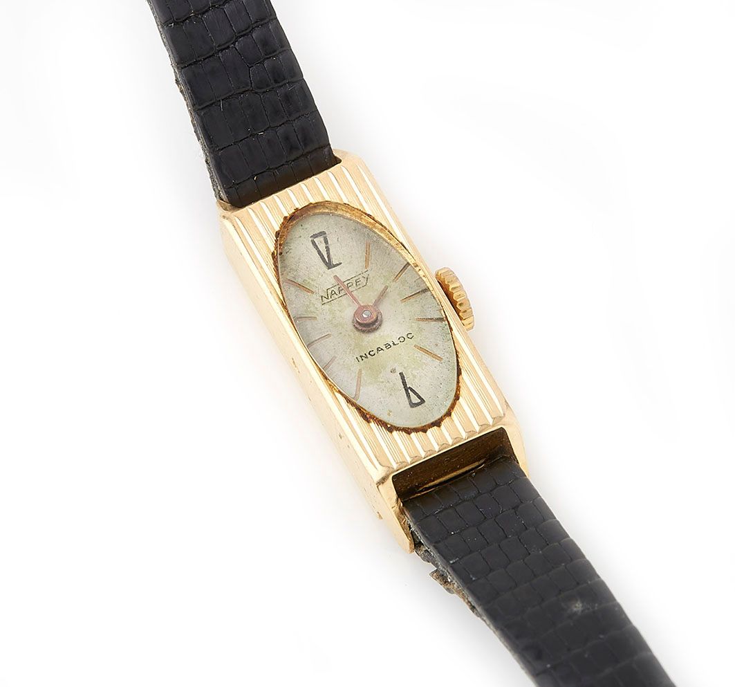 Null Reloj de señora de oro amarillo de 18 quilates (750/°), correa de piel negr&hellip;