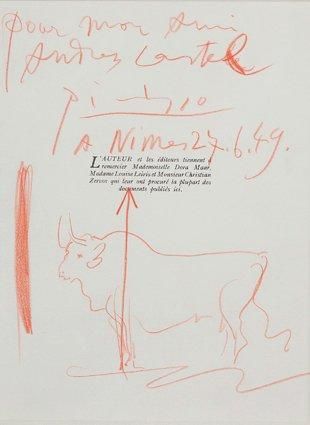 Pablo Picasso (1881-1973) Taureau Dessin au crayon rouge signé en haut au centre&hellip;