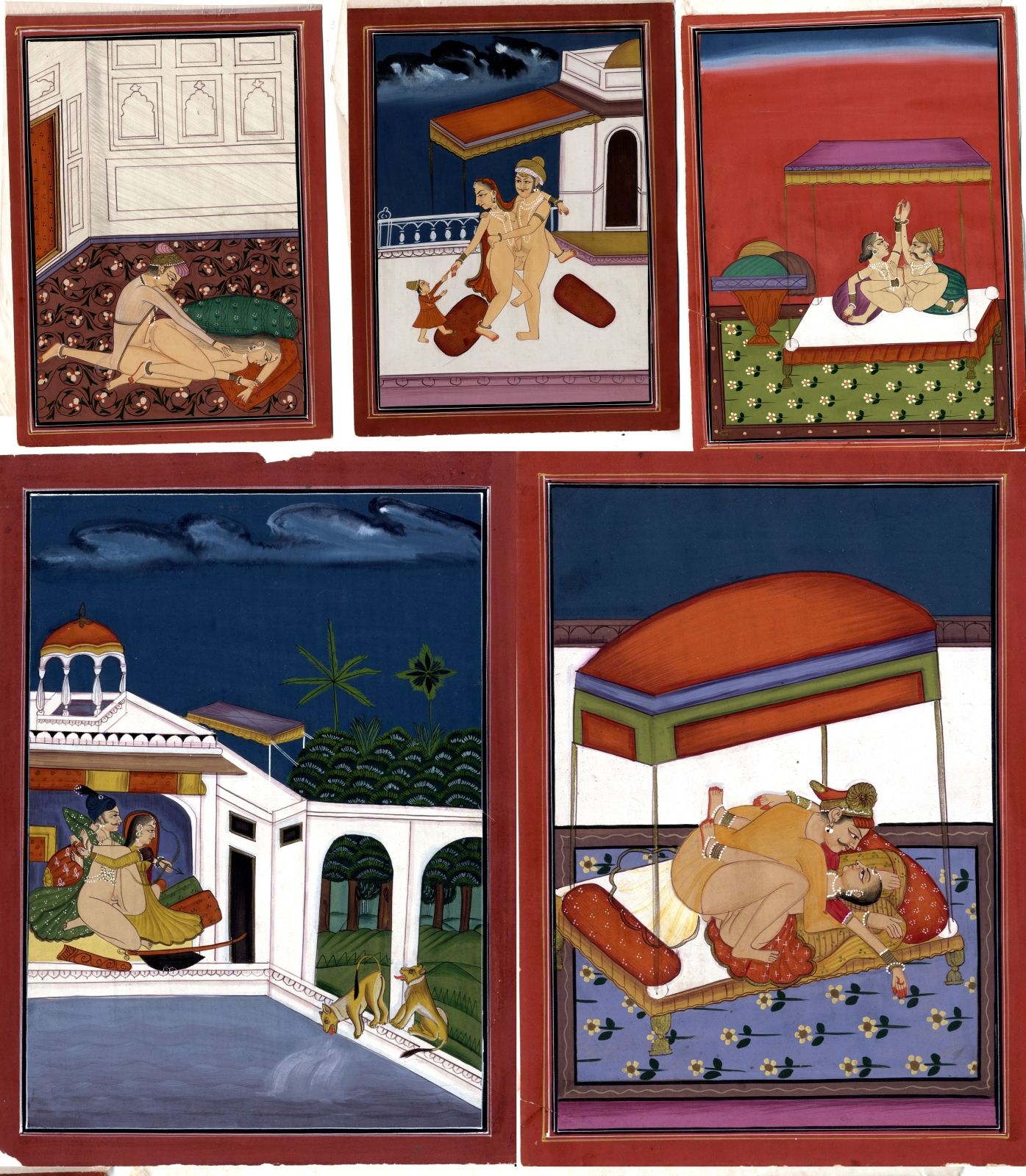 Null Indische Miniaturmalerei, fünf Blätter Deckende Farben und Gold auf Papier,&hellip;
