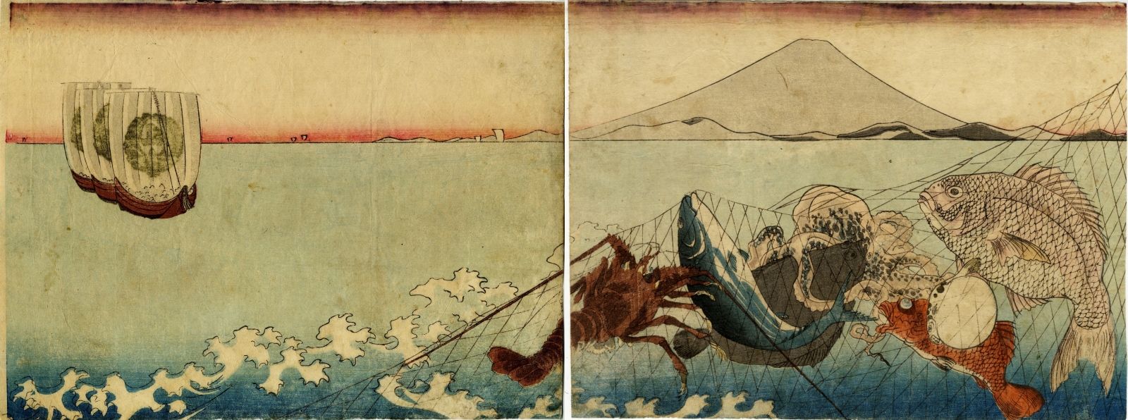 Hokkei zugeschrieben Diptychon (H. 19 x 51 cm), 1820-30 Fischfang im Netz in Yui&hellip;