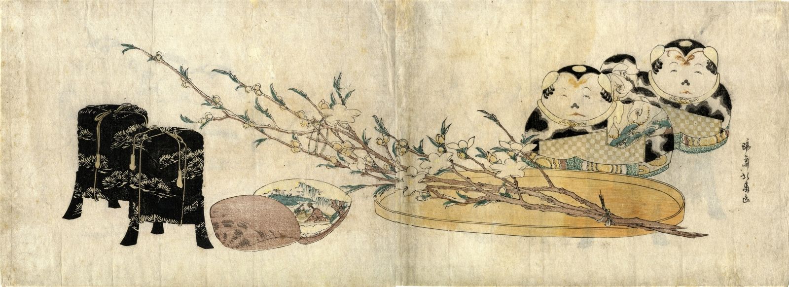 Hokuba, Arisaka 1771-1844 Surimono (19 x 51,5 cm) Stillleben, blühender Pflaumen&hellip;
