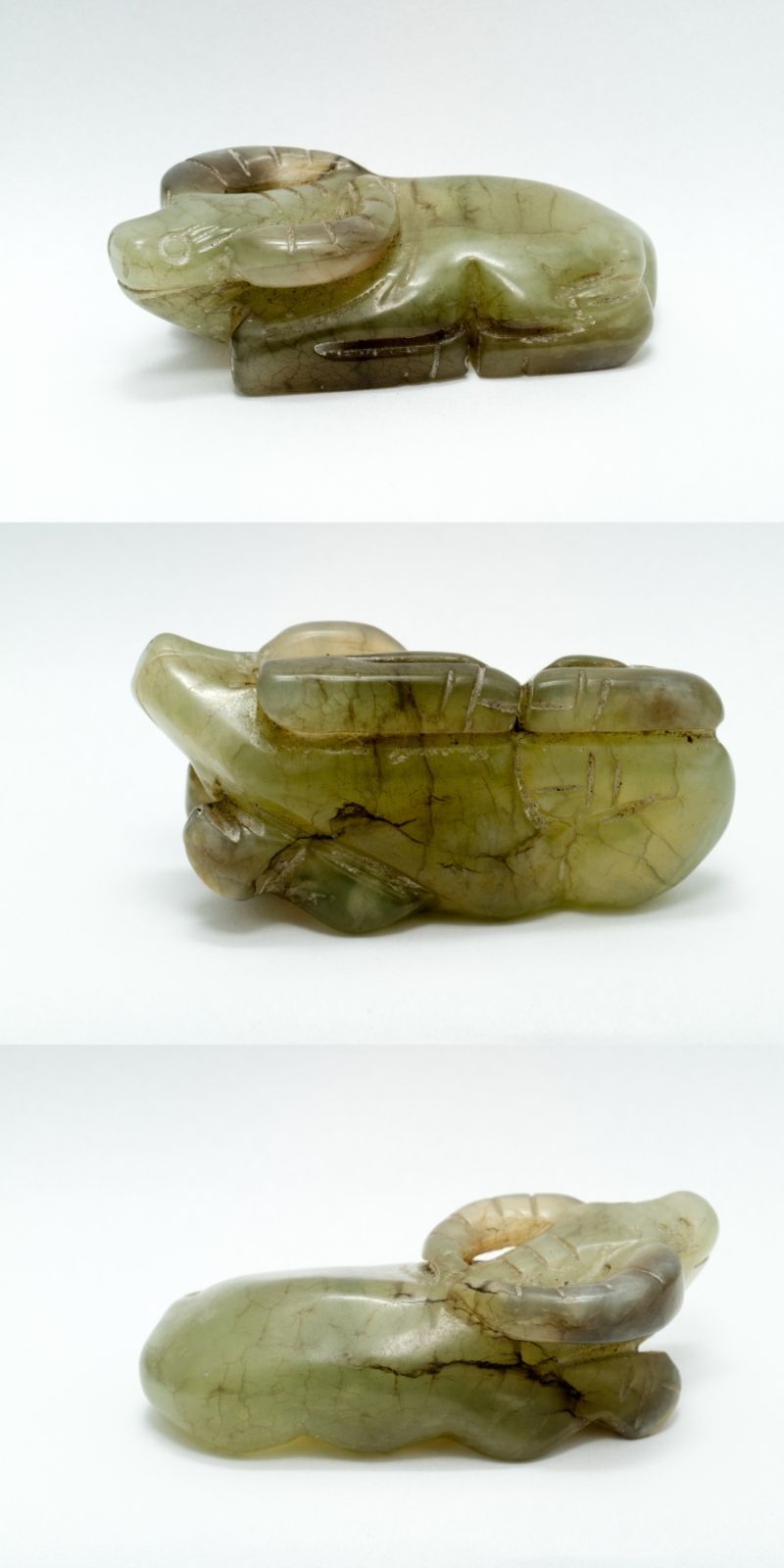 Null Jade Figur (L. 7 cm) Hellgrüne durchscheinende Jade mit dunklen Adern, zart&hellip;
