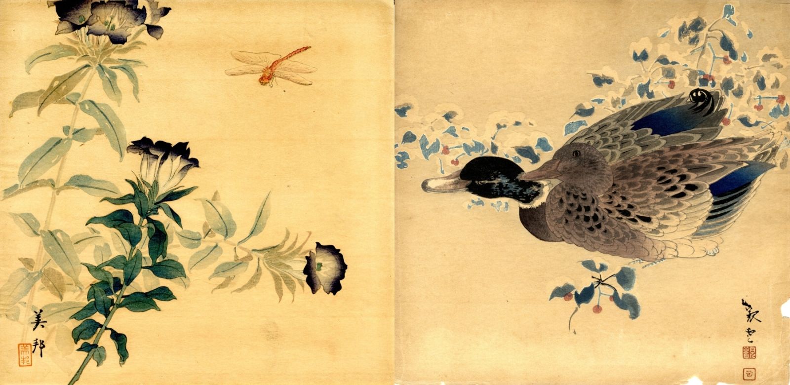 Biho und Jakuun Zwei Kakuban, um 1900 a) Libelle über violetten Kelchblumen. Geb&hellip;