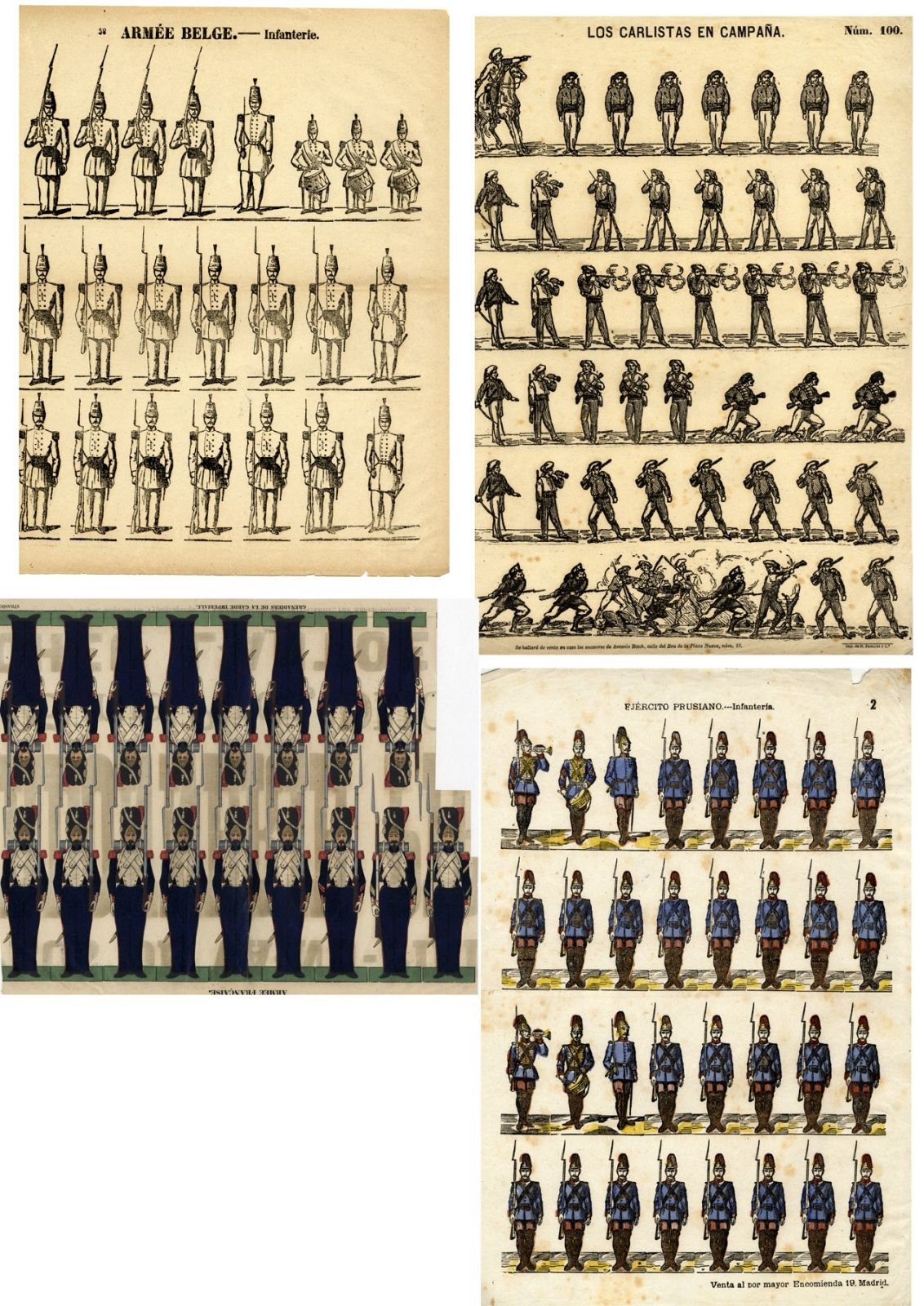 Null Cuatro láminas impresas, soldados "Armée Belge.- Infanterie", impresión en &hellip;