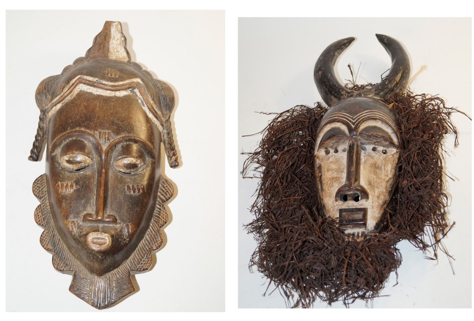 Null Zwei Masken, in Nigeria Yoruba-Stil H. 36 cm und H. 39 cm. Hartholz, dunkle&hellip;