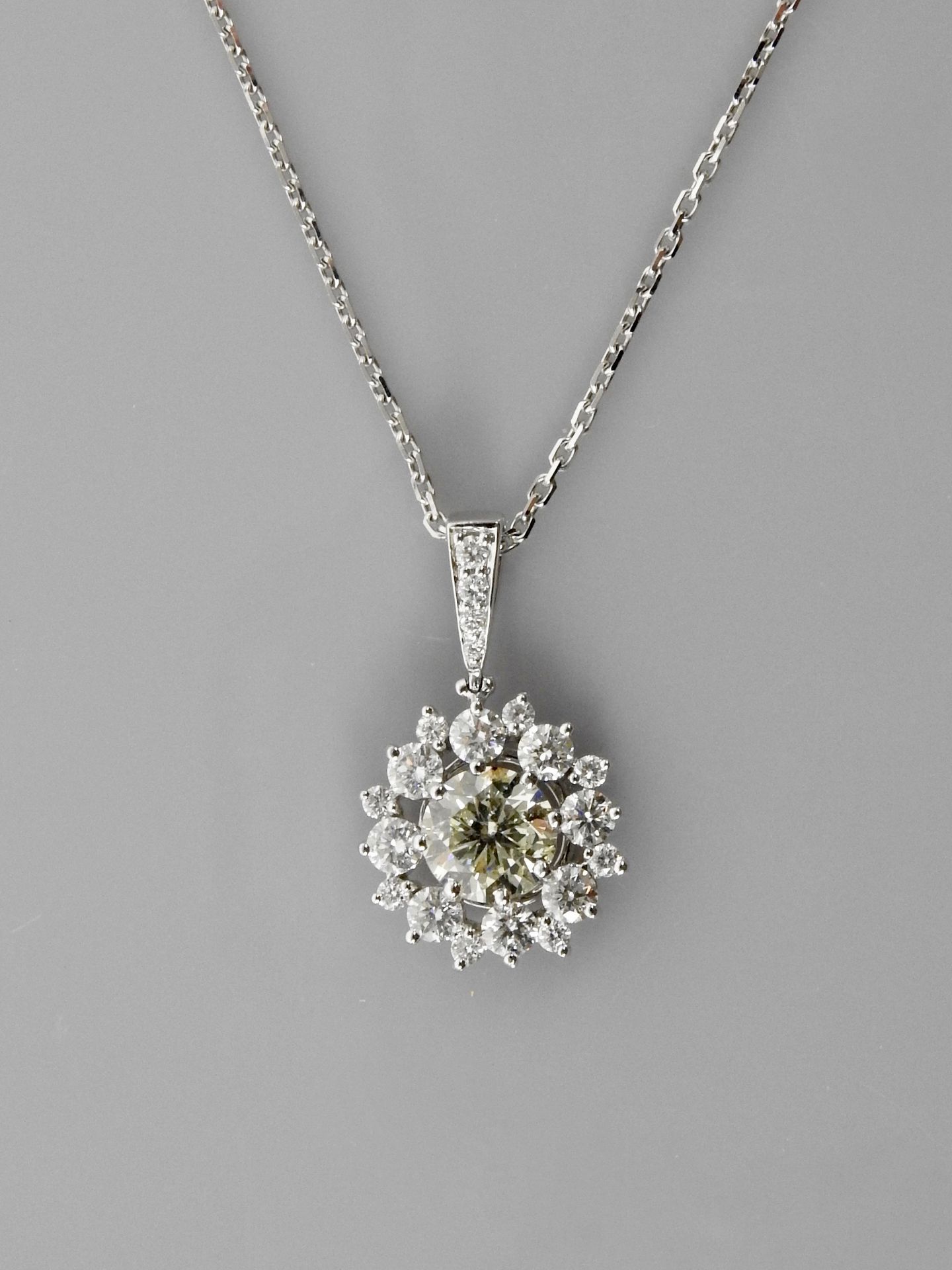 Null 链条和吊坠绘制一朵白金花，750毫米，装饰有一颗重达1克拉的钻石，直径18毫米，钻石扣，共转1克拉左右，龙虾扣，长度42厘米，重量：4.75克。