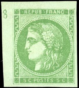 Null YT第42B号波尔多发行1870-1871年，5分。绿色。叶角有数字8。出自Loeuillet拍卖行。非常罕见。极好的。(*)
